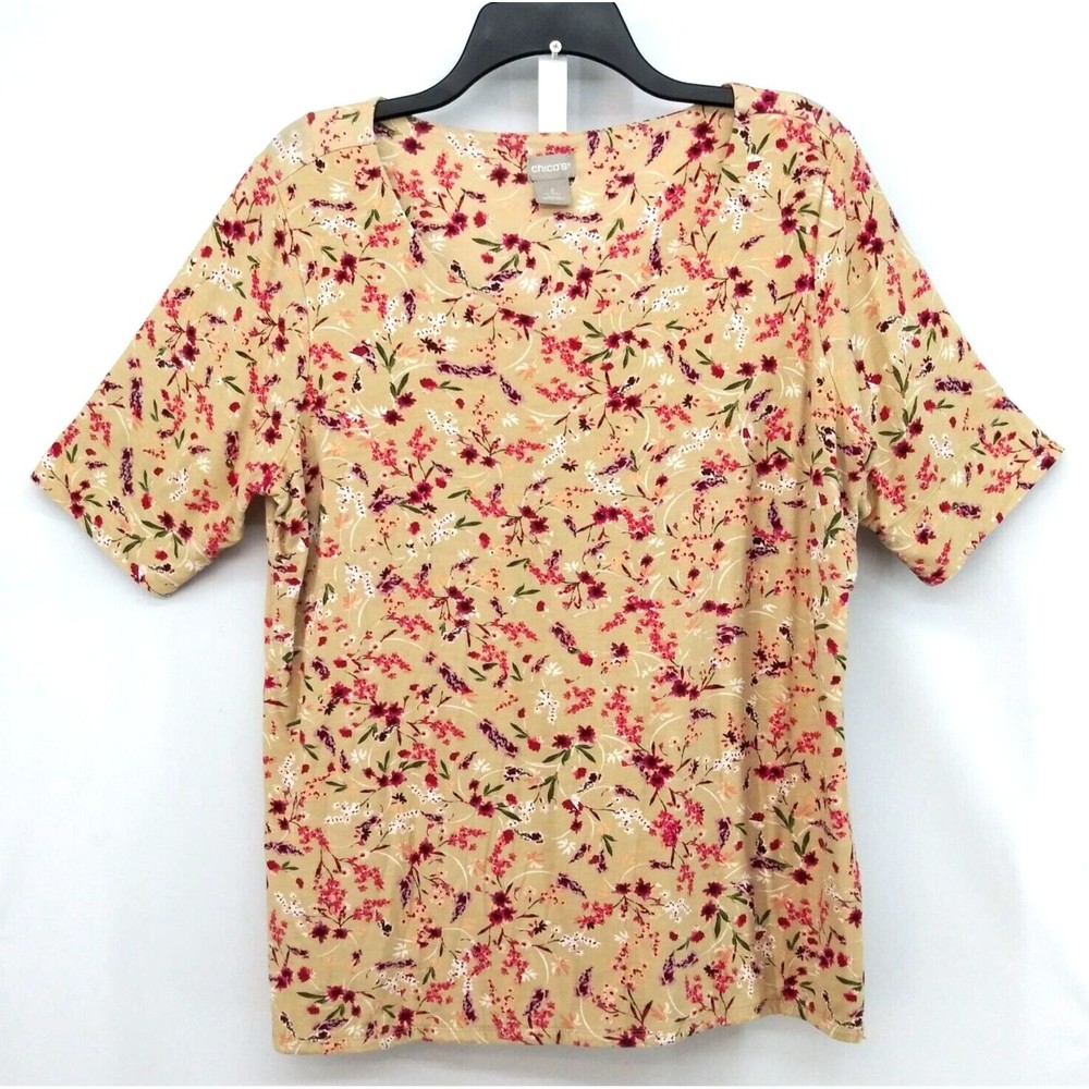Chicos Shirt Womens Large Beige Floral Short Sleeve Blouse